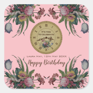 Vintage Clock with Flowers Birthday Party Square Sticker