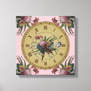 Vintage Clock with Flowers Canvas Print