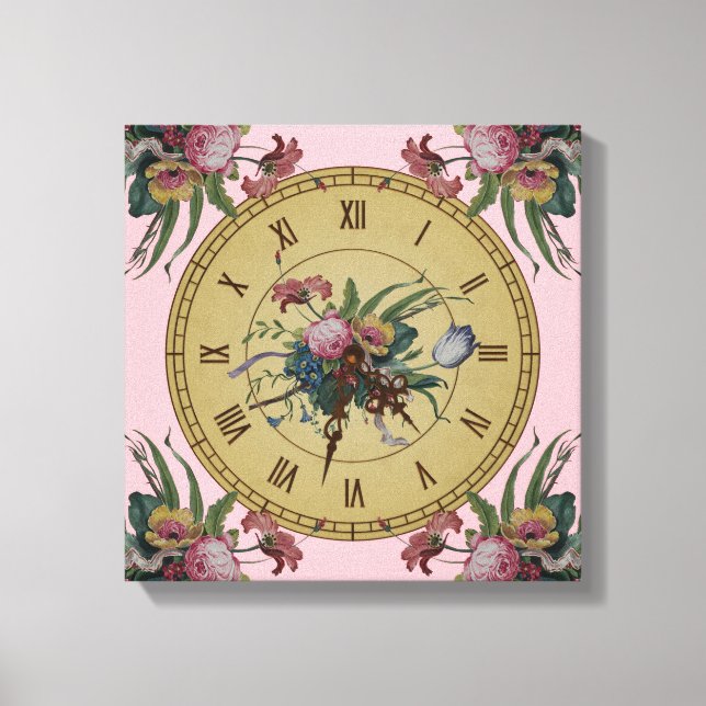 Vintage Clock with Flowers Canvas Print (Front)