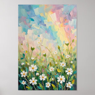 Vintage Clover Field Rainbow Landscape Poster