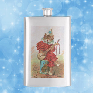 Vintage Clown Jester Musician Cat Mandolin Hip Flask