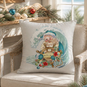Vintage Coastal Christmas Beach Santa Watercolor Cushion