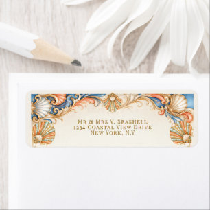 Vintage coastal Coral seashell wedding address