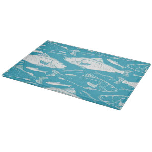 Vintage Coastal Fish Pattern Teal Blue Glass Cutting Board