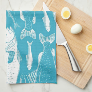 Vintage Coastal Fish Pattern Teal Blue Kitchen Tea Towel