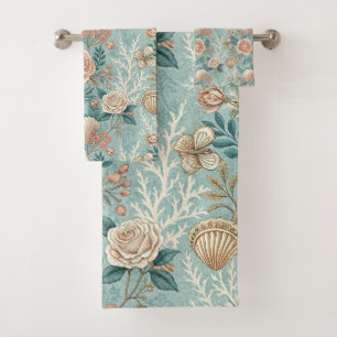 Vintage Coastal Floral Seashell Elegance Design Bath Towel Set