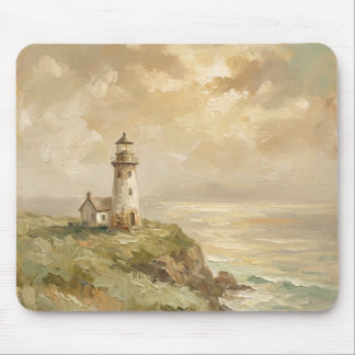 Vintage Coastal Lighthouse Oil Painting Mouse Pad