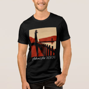 Vintage Coastal Lighthouse Silhouette Retro Art Tri-Blend Shirt