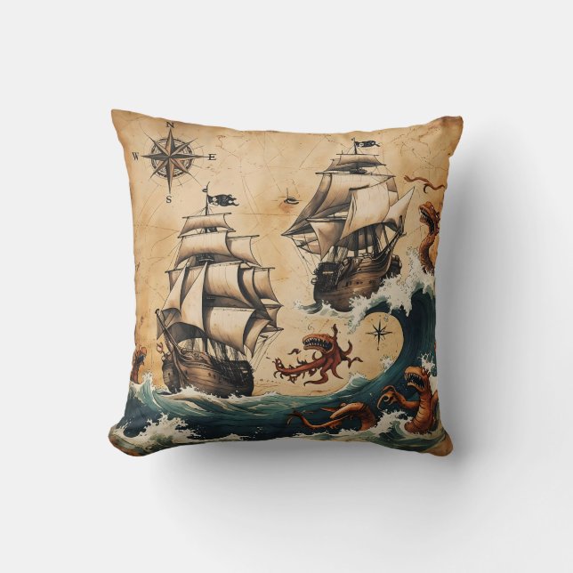 Vintage Coastal Map Nautical Throw Pillow (Front)