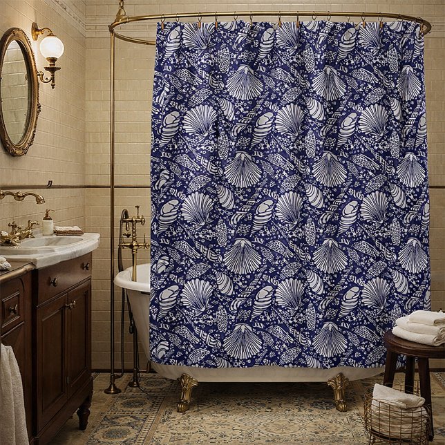 Vintage Coastal Ocean Beach Seashells Pattern Shower Curtain (Creator Uploaded)