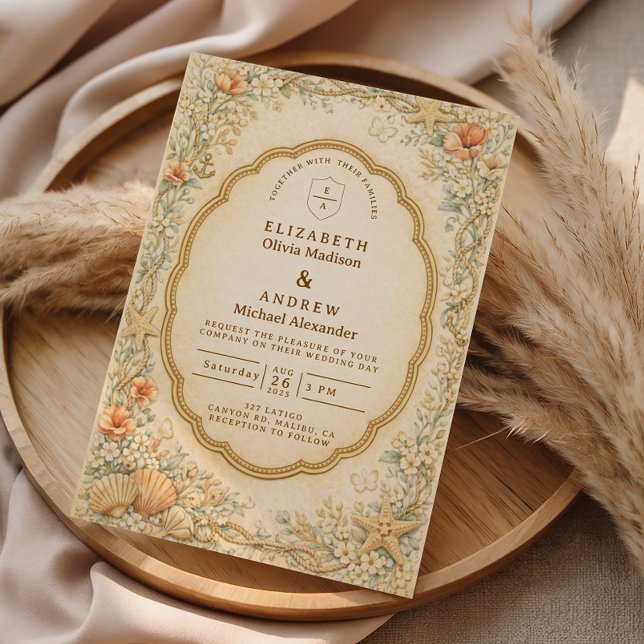 Vintage Coastal Seashell Garden Wedding Invitation (Creator Uploaded)