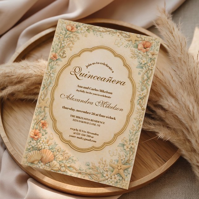 Vintage Coastal Seashell Quinceañera Invitation (Creator Uploaded)