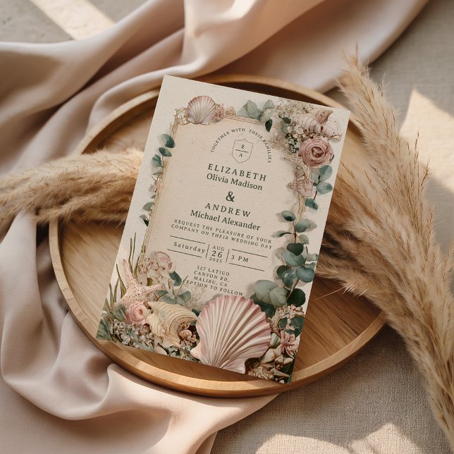 Vintage Coastal Shell Romance Wedding Invitation (Creator Uploaded)