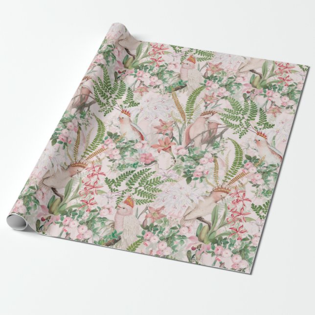 Vintage Cockatoo Jungle Pattern Blush Wrapping Paper (Unrolled)