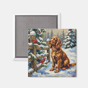 Vintage Cocker Spaniel and Cardinals Christmas Magnet