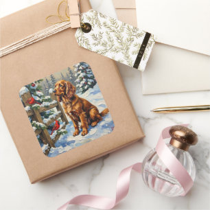 Vintage Cocker Spaniel and Cardinals Christmas Square Sticker