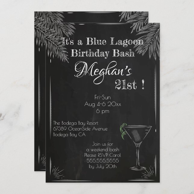 Vintage Cocktail Blue Lagoon Birthday Bash Invitation (Front/Back)
