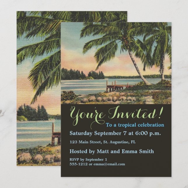 Vintage Coconut Palm Tree Tropical Breeze Sunset Invitation (Front/Back)