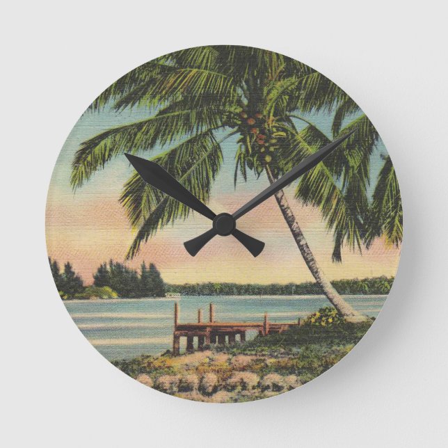 Vintage Coconut Palm Tree Tropical Breeze Sunset Round Clock (Front)