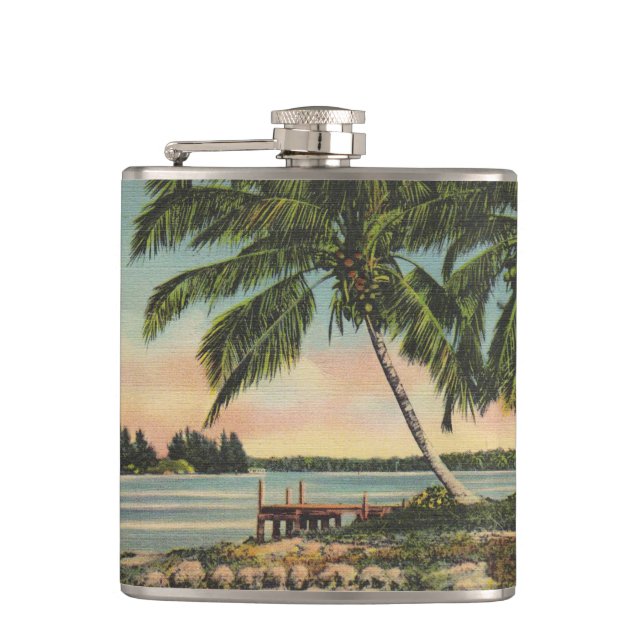 Vintage Coconut Palms Tropical Breeze Sunset Hip Flask (Front)