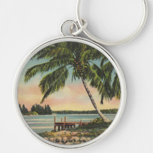 Vintage Coconut Palms Tropical Breeze Sunset Key Ring