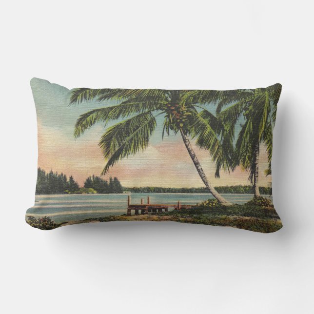 Vintage Coconut Palms Tropical Breeze Sunset Lumbar Cushion (Front)