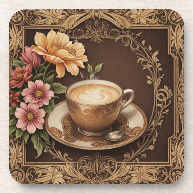 Vintage coffee and flowers coaster (Front)