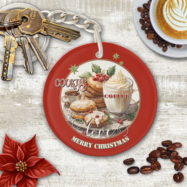 Vintage Coffee Cookies Love Christmas Key Ring (Fun watercolor Christmas cookies and coffee with love Merry Christmas keychain)