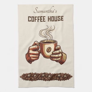 Vintage Coffee Cup Terracotta Cafe Branding Tea Towel