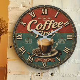 Vintage Coffee First Bar Kitchen Decor Large Clock