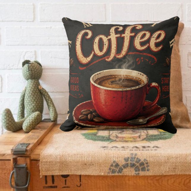 Vintage Coffee Good Ideas Start Here Rustic Cushion (Creator Uploaded)
