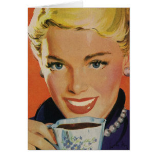 Vintage Coffee, Happy Woman with Retro Coffee Cup