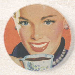 Vintage Coffee, Happy Woman with Retro Coffee Cup Coaster