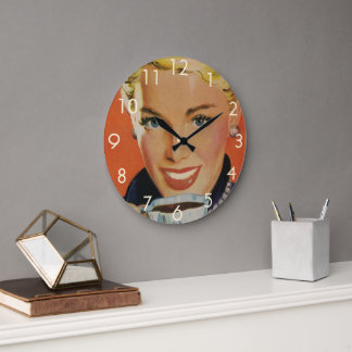 Vintage Coffee, Happy Woman with Retro Coffee Cup Large Clock