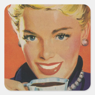 Vintage Coffee, Happy Woman with Retro Coffee Cup Square Sticker