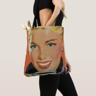 Vintage Coffee, Happy Woman with Retro Coffee Cup Tote Bag