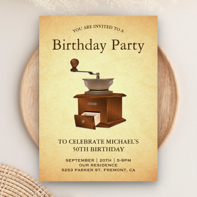 Vintage Coffee Mill Grinder Birthday Party Invitation (Creator Uploaded)