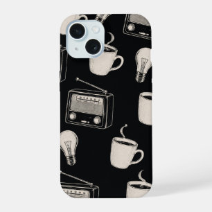 Vintage Coffee Radio Light Bulb Pattern Fabric iPhone 15 Case