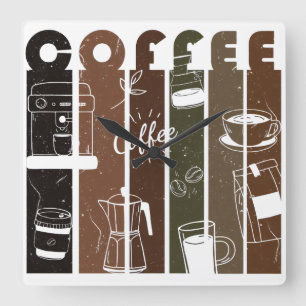 Vintage Coffee Typography Illustration Hand Drawn Square Wall Clock