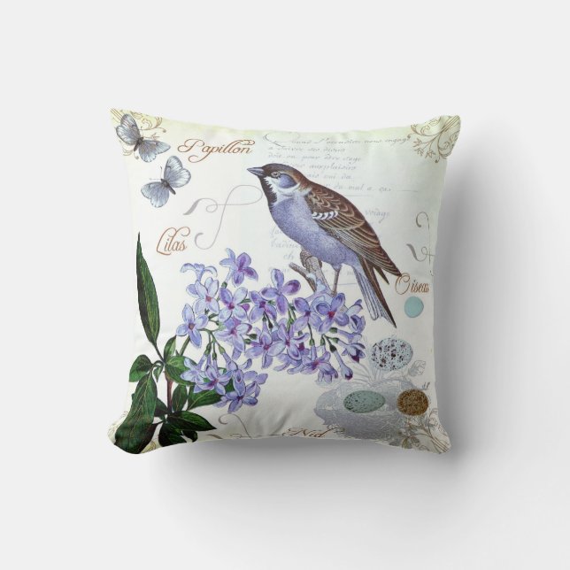 Vintage Collage Bird Butterfly Floral French Cushion (Front)