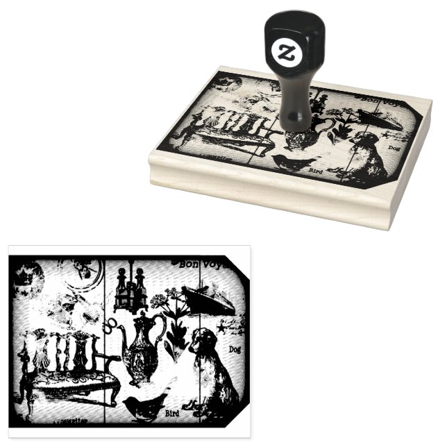 Vintage Collage Dog Wood Handle Art Stamp (Stamped)