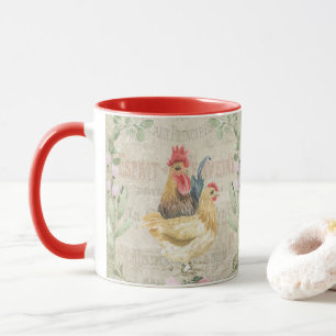 Vintage collage – roosters and flowers mug
