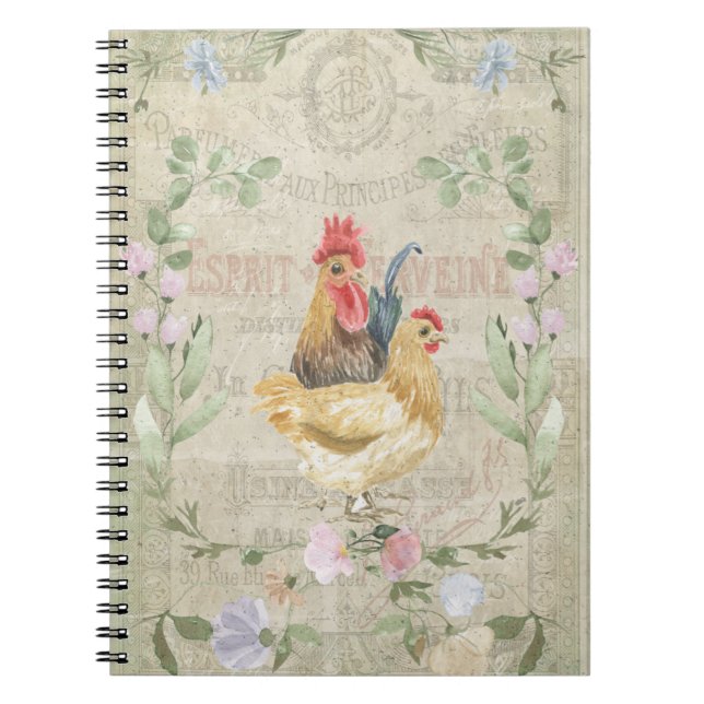 Vintage collage – roosters and flowers  notebook (Front)