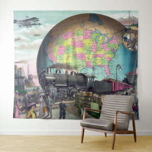 Vintage Collage Twentieth Century Transport Train Tapestry