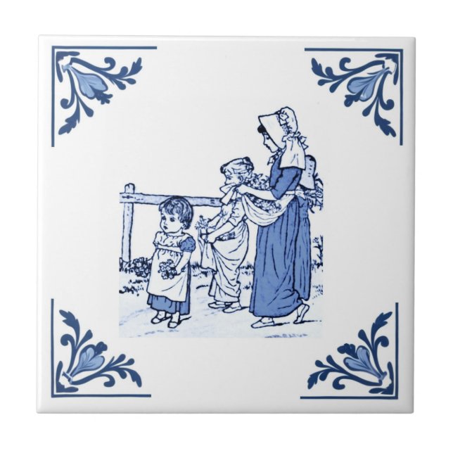 Vintage Collecting Flowers Delft Blue & White Tile (Front)