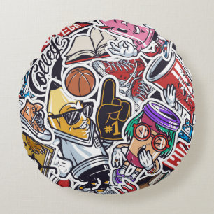 Vintage college colourful seamless pattern with fa round cushion