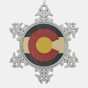 Vintage Colorado State Flag Snowflake Pewter Christmas Ornament