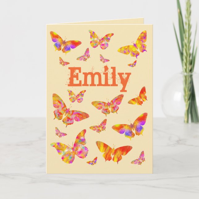 Vintage Colorful Butterfly Art Emily Name Holiday Card (Front)