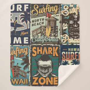 Vintage colorful surfing posters set with surf bus sherpa blanket