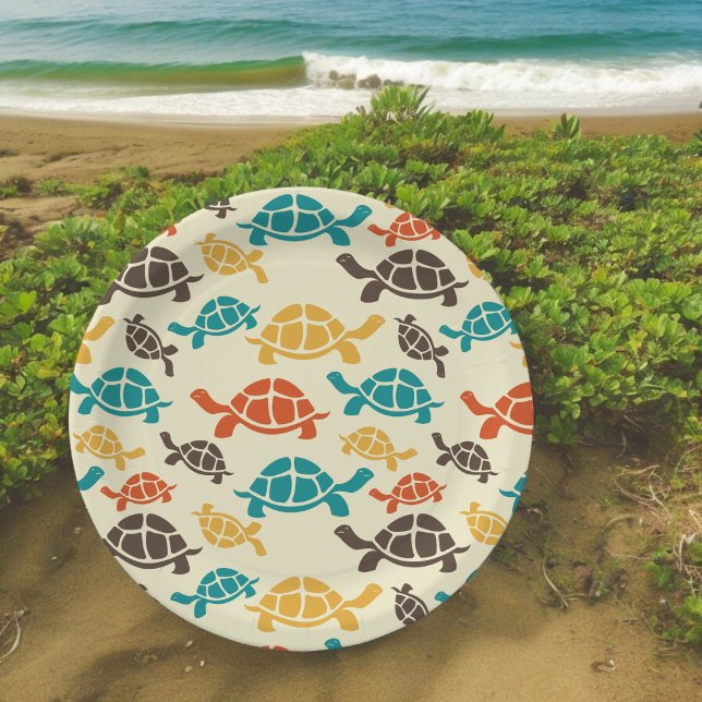 Vintage Colour Tortoise Cartoon Paper Plate (multicolor turtle,birthday,wedding,baby shower,special occasion event paper plate party supplies)